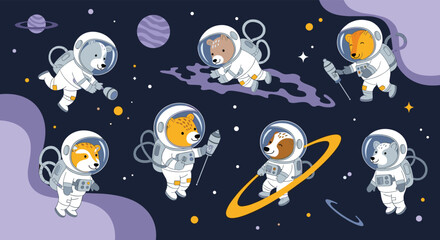 Adorable cartoon bears in astronaut suits exploring the vastness of space, surrounded by planets, stars, and cosmic elements.