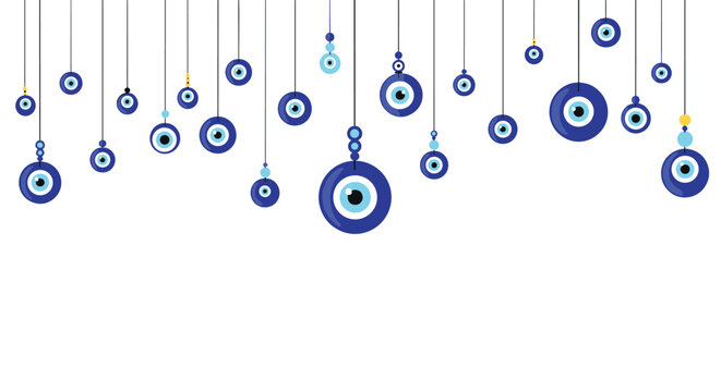 Assorted blue and white evil eye talismans hanging from strings, creating a protective and cultural decorative pattern on a white background.