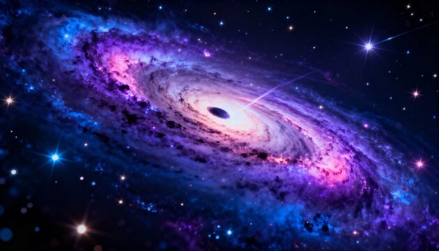 Vibrant spiral galaxy with nebula in cosmic deep space, glowing stars and cosmic dust, stunning purple and blue light