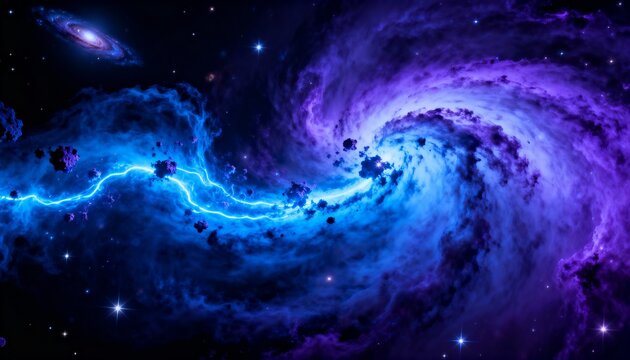 Majestic galaxy vortex with luminous blue energy bolt and cosmic dust swirling in deep space