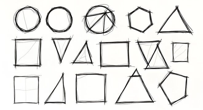 Freehand sketch of basic geometric shapes like circles, squares, triangles and hexagons in black ink