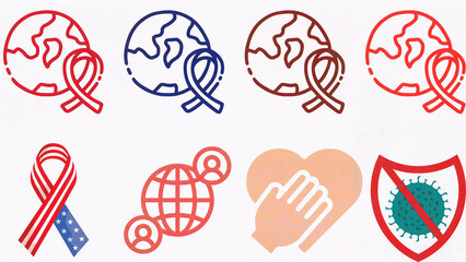 World aids day awareness icons with ribbon symbols and global health illustrations
