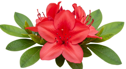 Vibrant red azalea flower with green leaves on black background