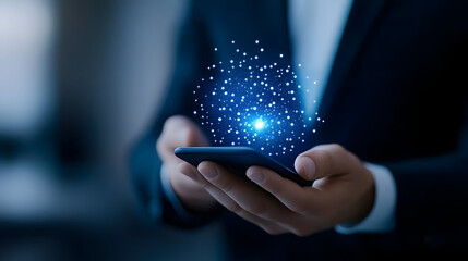 Man hand with phone, AI hologram with creative services icons. Generated Ai