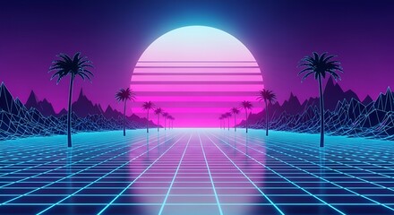 Retro neon landscape with palm trees and wireframe ground evokes a sense of nostalgia and escapism.