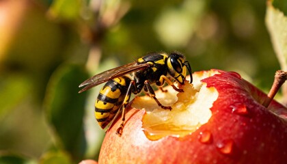Macro shot of a wasp feeding on a ripe red apple, showcasing detailed insect anatomy and glistening water droplets in natural daylight.