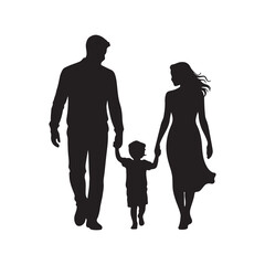 Family of Three Walking Hand in Hand Silhouette Vector