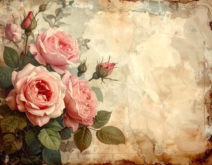 Vintage-style illustration of blooming pink roses with green foliage on aged, textured parchment
