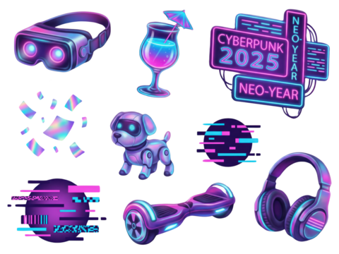 Cyberpunk 2025 Neon Elements Isolated on White
