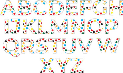 Alphabet letters filled with colorful confetti on white background