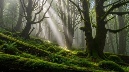 Morning light streams through the misty air of an ancient, enchanted woodland, illuminating a vibrant mossy landscape