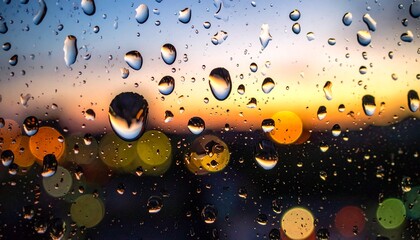 High-End Photography of Countless Large Raindrops on a Window Pane Distorting Blurred City Lights