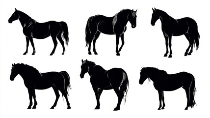 Set of six haflinger horse silhouette vector designs, isolated stallion and mare illustrations for equestrian, riding, and animal-themed projects
