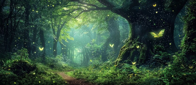 Explore the enchanting beauty of a forest filled with fantasy elements.