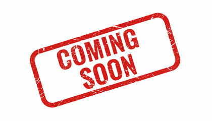 Red coming soon grunge rubber stamp style vector illustration for announcements and promotions on a white background