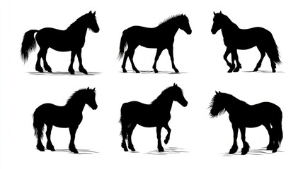 Set of six haflinger horse silhouette vector designs, isolated stallion and mare illustrations for equestrian, riding, and animal-themed projects