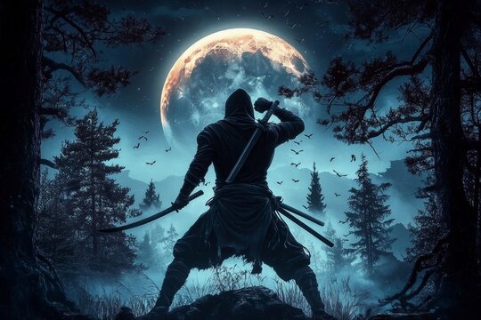 The enigmatic presence of a ninja with a striking backdrop of a full moon and black sky.