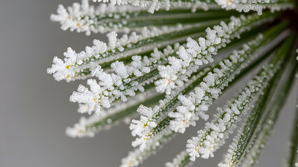 Macro Close-up of Delicate Hoar Frost Crystals on Pine Needles