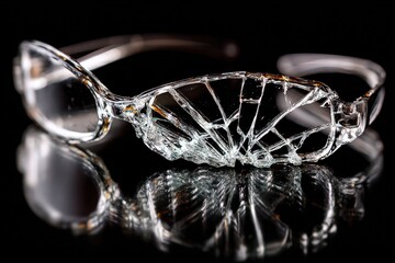 Fototapeta premium Broken Eyeglasses on Black Reflective Surface Abstract Glass Damage Concept Metallic Silver Frames Partially Intact Lens Dramatic Light Accident Repair Needed
