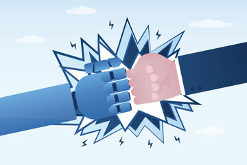 Competitive struggle between robot and human. Rivalry and confrontation. Artificial intelligence versus people. Punch, fists hitting. Robotic machine conflict with person.