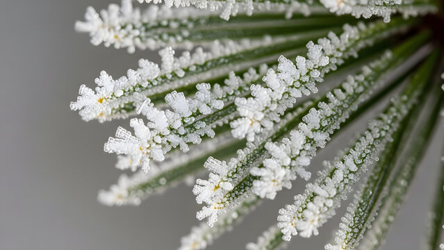 Macro Close-up of Delicate Hoar Frost Crystals on Pine Needles