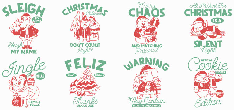Christmas animals cartoon graphic vector illustration, Festive Holiday t-shirt design collection for print, Funny Christmas quotes packs