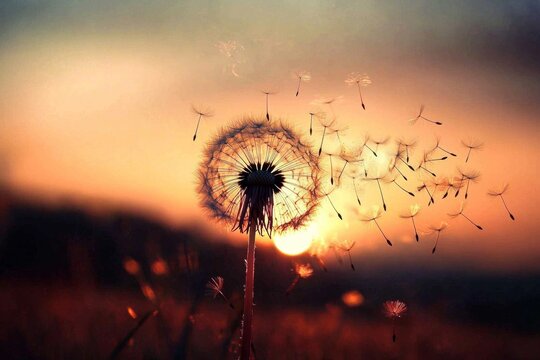 Tranquil scene of dandelion flowers under a vibrant sunset sky.