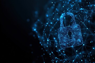 Glowing Blue Padlock Formed By Digital Network on Black Background Security Concept