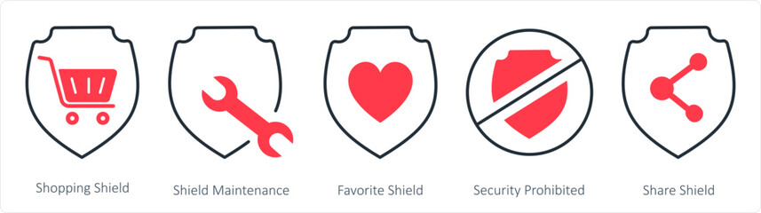 Obraz premium A set of 5 internet icons as shopping shield, shield maintenance, favorite shield