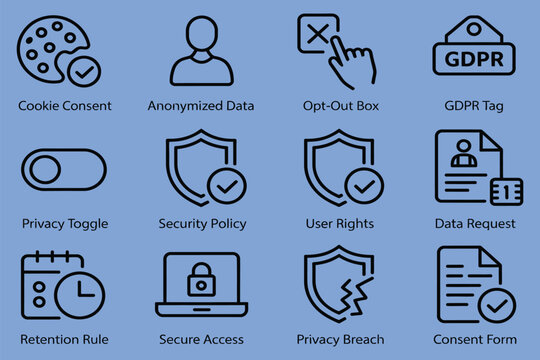 GDPR and data privacy icons, including consent, security, user rights, anonymization, and opt-out symbols, perfect for legal compliance, data protection, and privacy infographic design projects.