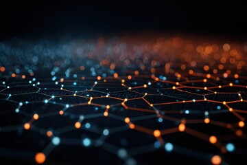 Abstract Data Network with Blue and Orange Nodes on Dark Background Featuring Interconnected Hexagonal Grid for Technology and Communication