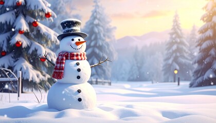 Obraz premium A cheerful snowman with red striped scarf and hat stands in snowy forest on sunny winter day, smiling with carrot nose and coal eyes, evoking playful holiday charm and seasonal outdoor joy.