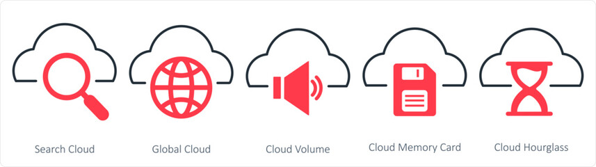 A set of 5 internet icons as search cloud, global cloud, cloud volume