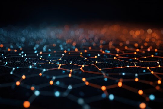 Abstract Data Network with Blue and Orange Nodes on Dark Background Featuring Interconnected Hexagonal Grid for Technology and Communication - Powered by Adobe