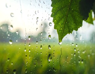 Close-up of raindrops on glass with a green leaf in the upper corner