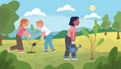 Diverse group of children planting trees together in a sunny field, a community illustration of environmental care and teamwork
