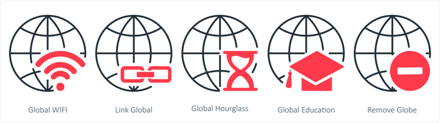 A set of 5 internet icons as global wifi, link global, global hourglass