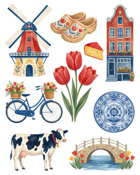 Watercolor Dutch Symbols: Windmill, Tulips, and Delftware