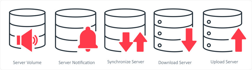 A set of 5 internet icons as server volume, server notification, synchronize server