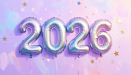Floating metallic balloon numbers "2026" with pink, blue, and purple gradients, surrounded by gold, silver, and purple star confetti on pastel purple background, evoking festive celebration and future