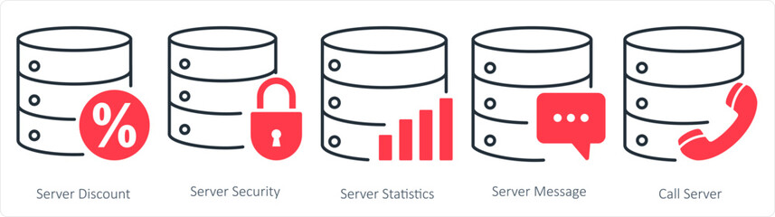 A set of 5 internet icons as server discount, server security, server statistics