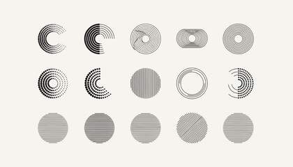 Abstract collection of minimalist geometric circle shapes and icons with a monochrome linear pattern for modern design
