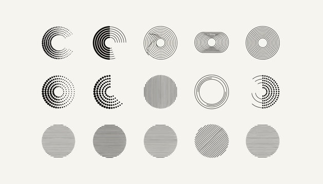 Abstract collection of minimalist geometric circle shapes and icons with a monochrome linear pattern for modern design