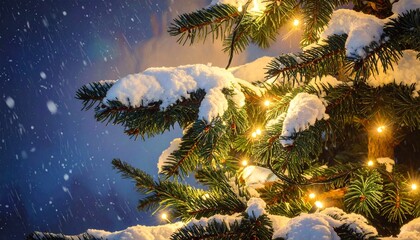 Snow-covered Christmas tree glowing with yellow lights, set against a softly blurred snowy night with falling flakes, evoking serene winter charm and festive warmth in a close-up holiday scene.