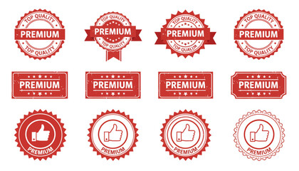 Vector illustration set of red premium quality guarantee seals, stamps, and badges, featuring classic retro designs and approval icons
