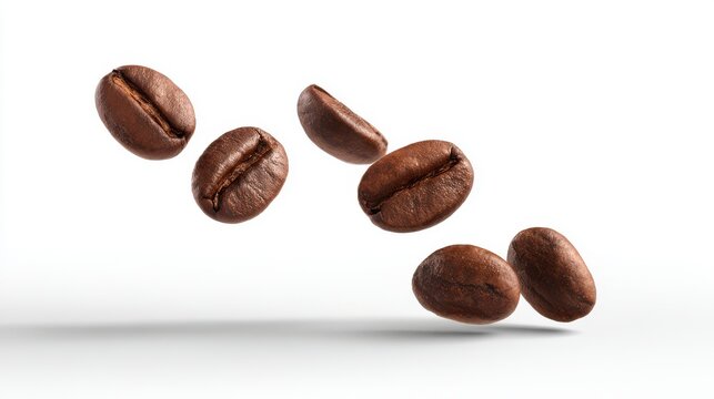 Roasted coffee beans falling with shadow on white background