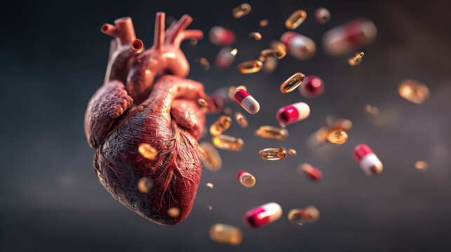 Detailed Anatomical Heart with Floating Pills against Dark Background Illustrating Medical and Healthcare Concepts - Powered by Adobe