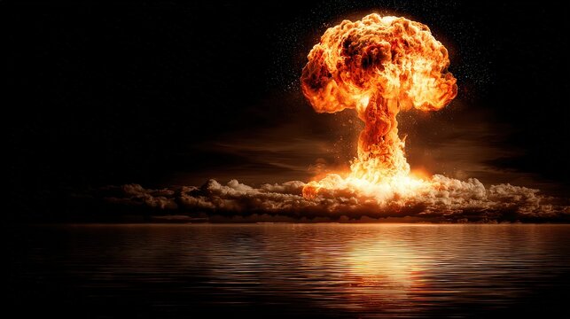 Explosive Orange Cloud Rising Above Calm Reflective Water Surface at Night