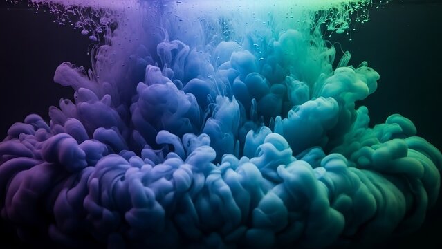 Vibrant plumes of blue and green ink swirling mysteriously in water create a dynamic fluid abstract background for imaginative projects