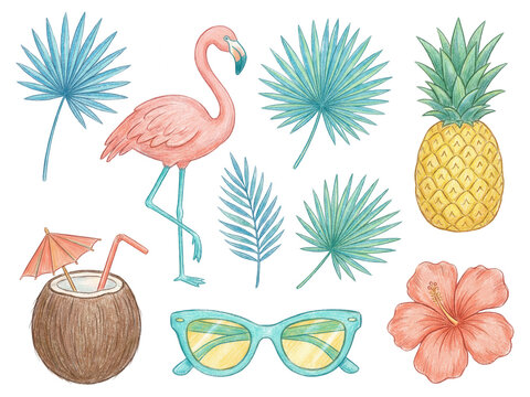 Tropical Summer Watercolor Set: Flamingo, Pineapple, Leaves, and Accessories